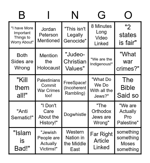 Israeli Argument Bingo Card