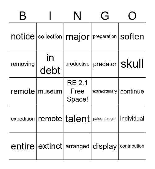 RE 2.1  V o c a b u l a r y Bingo Card