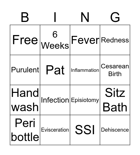 Incision Care Bingo Card