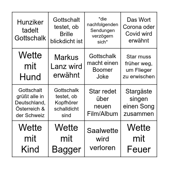 Wetten, dass Bingo Card