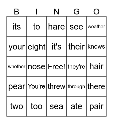 Homophones Bingo Card