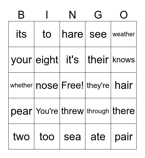 Homophones Bingo Card