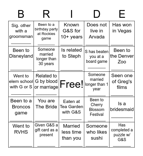 Stephanie's Wedding Shower Bingo! Bingo Card