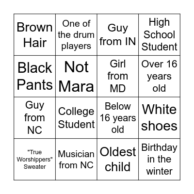 Worship Night Bingo Card