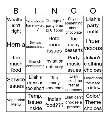 Lilah's Bat Mitzvah Insult Bingo  Bingo Card