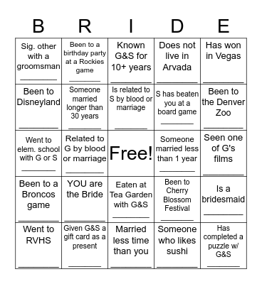 Stephanie's Wedding Shower Bride Bingo! Bingo Card