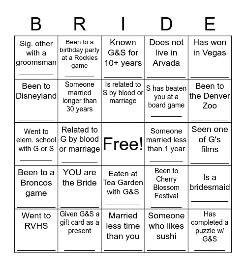 Stephanie's Wedding Shower Bride Bingo! Bingo Card