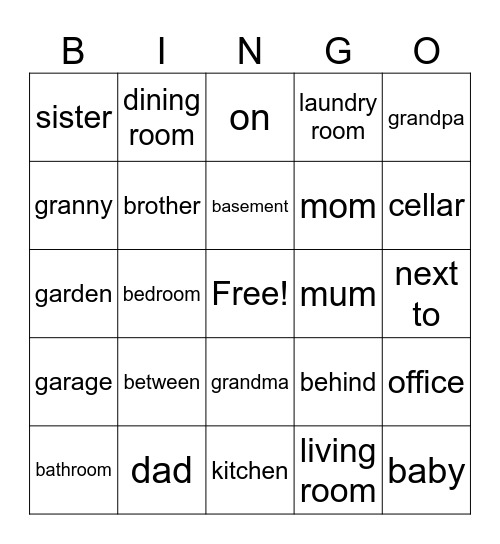 Famil, house and preposition Bingo Card