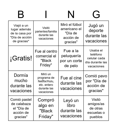 Vacacciones Bingo Card