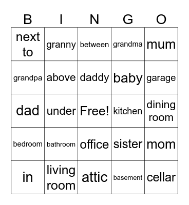 My house, family and prepositions Bingo Card