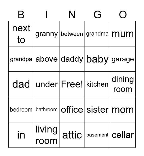 My house, family and prepositions Bingo Card
