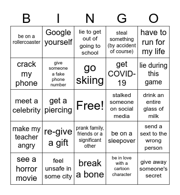 Never Have I Ever Bingo Card