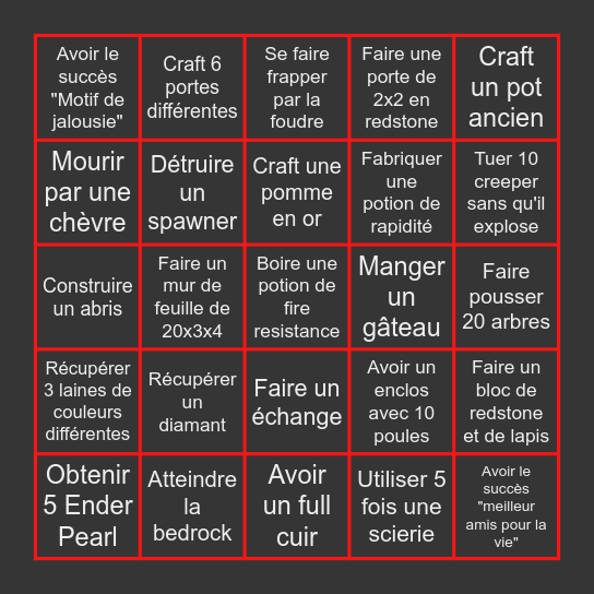 Minecraft Bingo Card