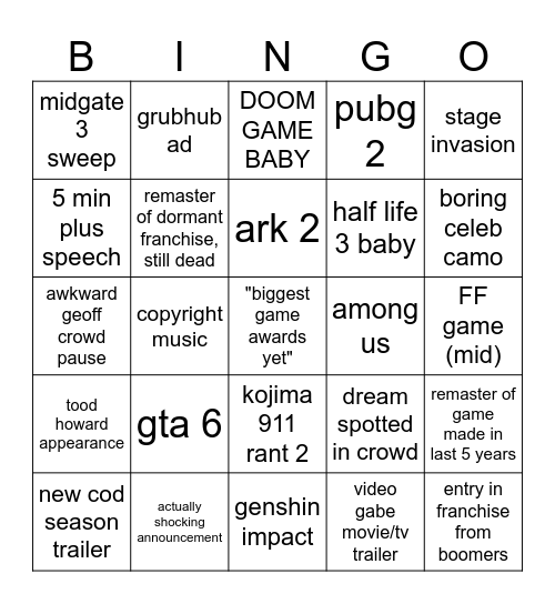 geoff D Bingo Card