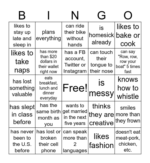 Getting to Know Your Classmates Bingo Card