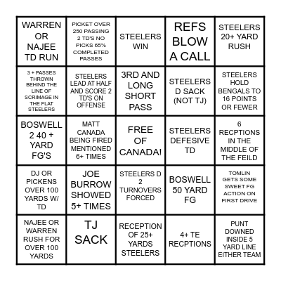 Steelers vs Bengals Bingo Card