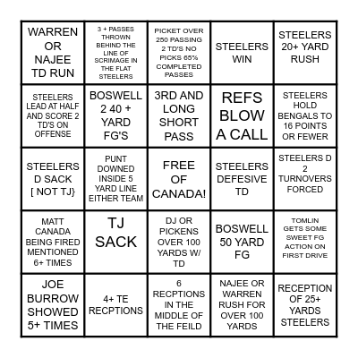 Steelers vs Bengals Bingo Card