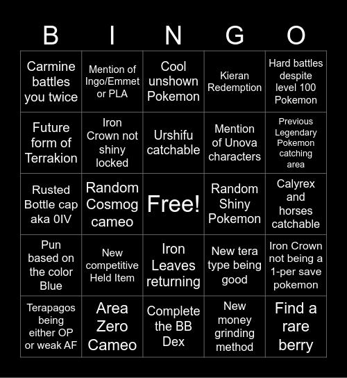 Pokemon Indigo Disk Bingo Card