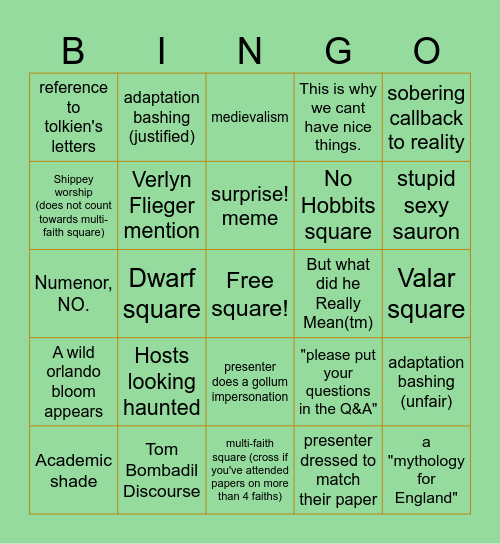 Tolkien and Religion in the Twenty-First Century Bingo Card