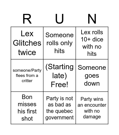 Shadowrun S2 Bingo Card