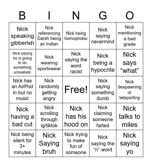 Nick Bingo Card