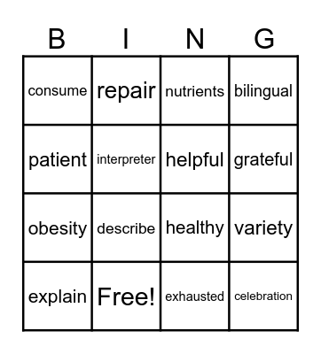 Review Vocabulary #1 Bingo Card