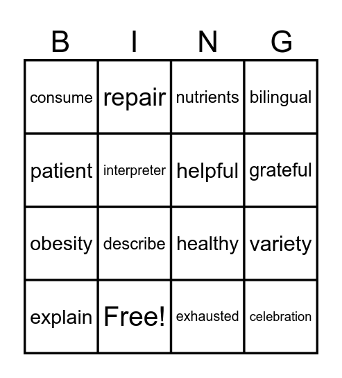 Review Vocabulary #1 Bingo Card