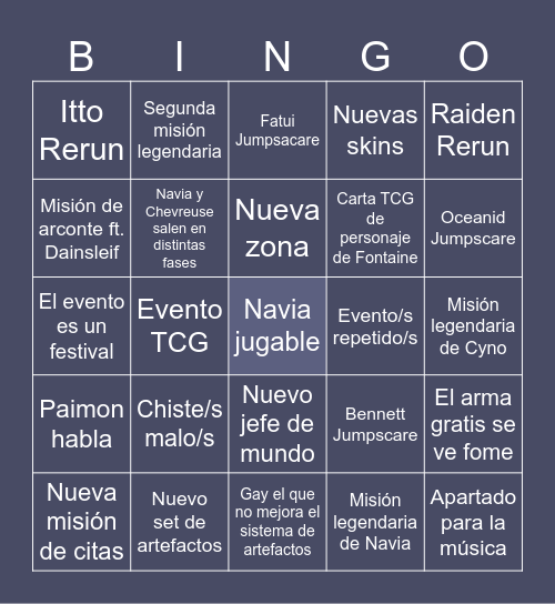 Genshin 4.3 Livestream Bingo Card