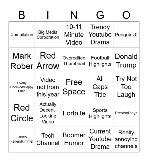 Front Page Youtube Bingo Card