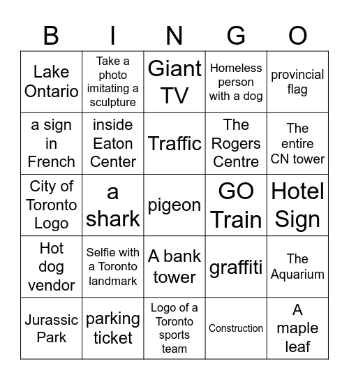 Toronto Photo Challenge Bingo Card