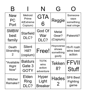 The Game Awards 2023 Bingo Card