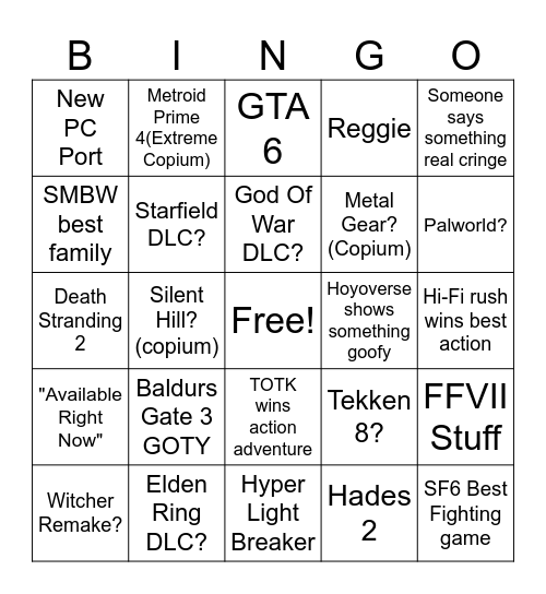 The Game Awards 2023 Bingo Card