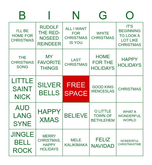 HOLIDAY TUNES Bingo Card