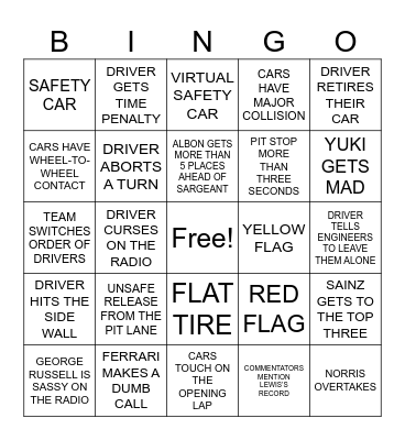 F1 BINGO Card