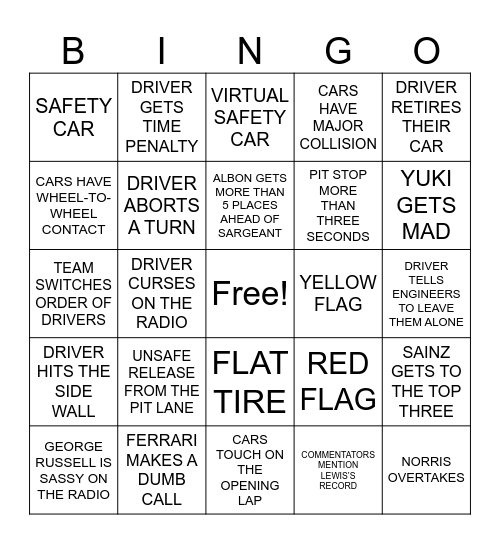 F1 BINGO Card