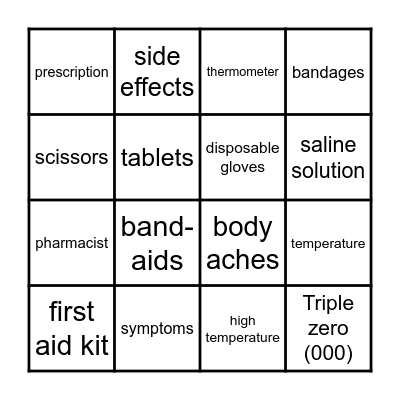 First Aid at Home BINGO Card