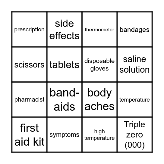 First Aid at Home BINGO Card