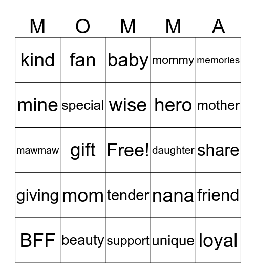 Mother/Daughter Banquet 2016 Bingo Card