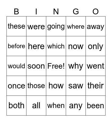 sight words Bingo Card