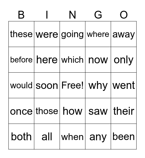sight words Bingo Card