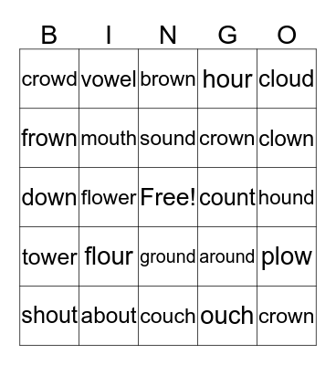 OW, OU Word Study  Bingo Card