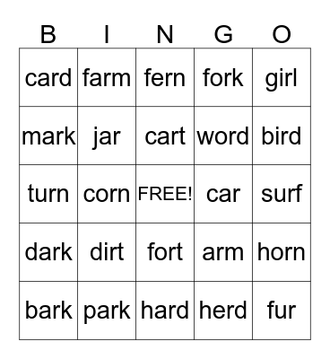 r-controlled vowels Bingo Card