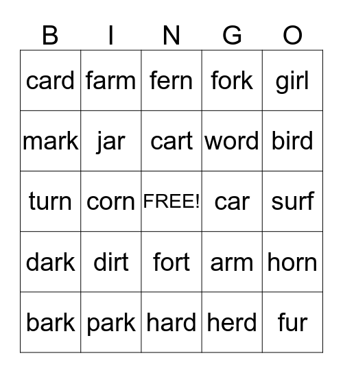 r-controlled vowels Bingo Card
