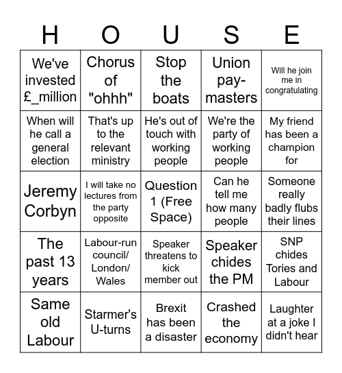 PMQs Bingo Card