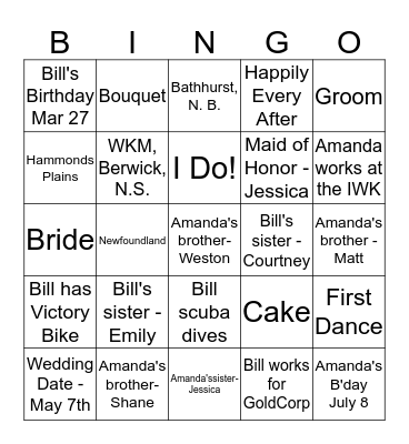 Amanda and Bill's Bingo Game Bingo Card