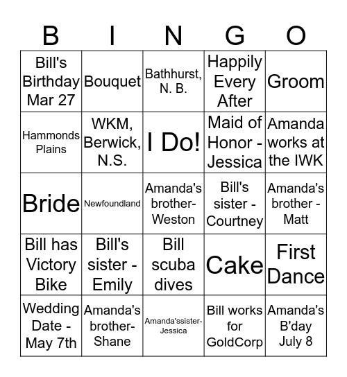 Amanda and Bill's Bingo Game Bingo Card