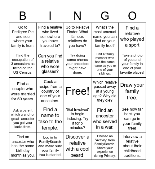 Family History Bingo Card