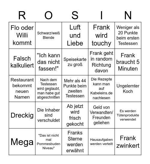 Rosins Restaurants Bingo Card