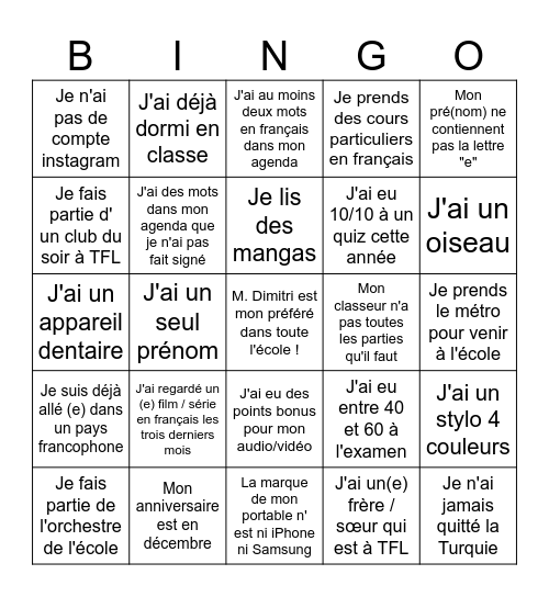 École Bingo Card
