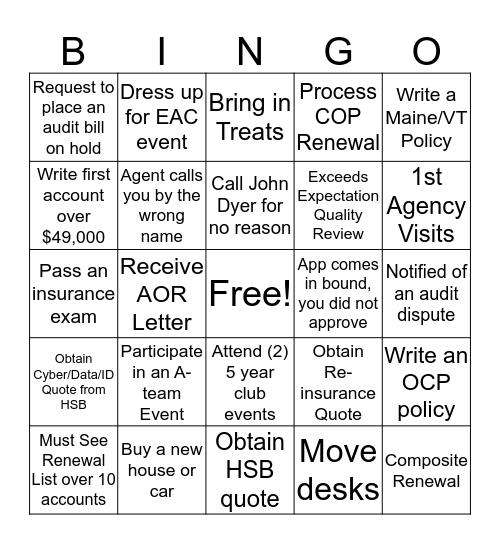 New Underwriter Bingo (1 yr or less) Bingo Card
